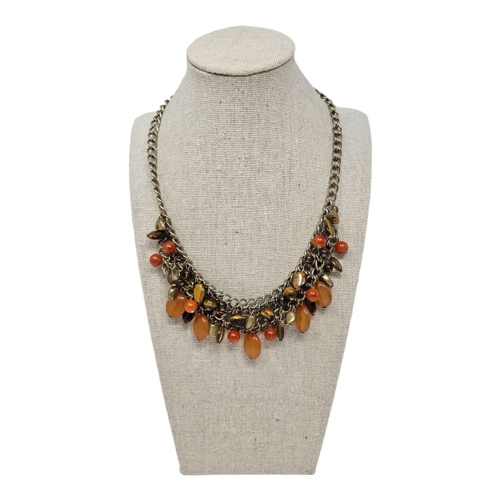 Chaps Beaded Chain Statement Necklace Orange Brown Faux Tigers Eye